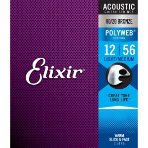 Elixir 11075 80/20 Bronze Acoustic Polyweb Strings, Light/Medium, 12-56